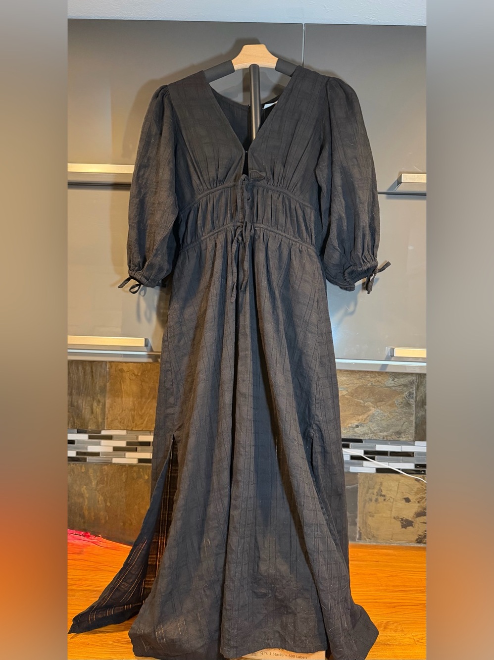 Rue Stiic Black Puff-Sleeve Tie-Waist Maxi Dress, size small